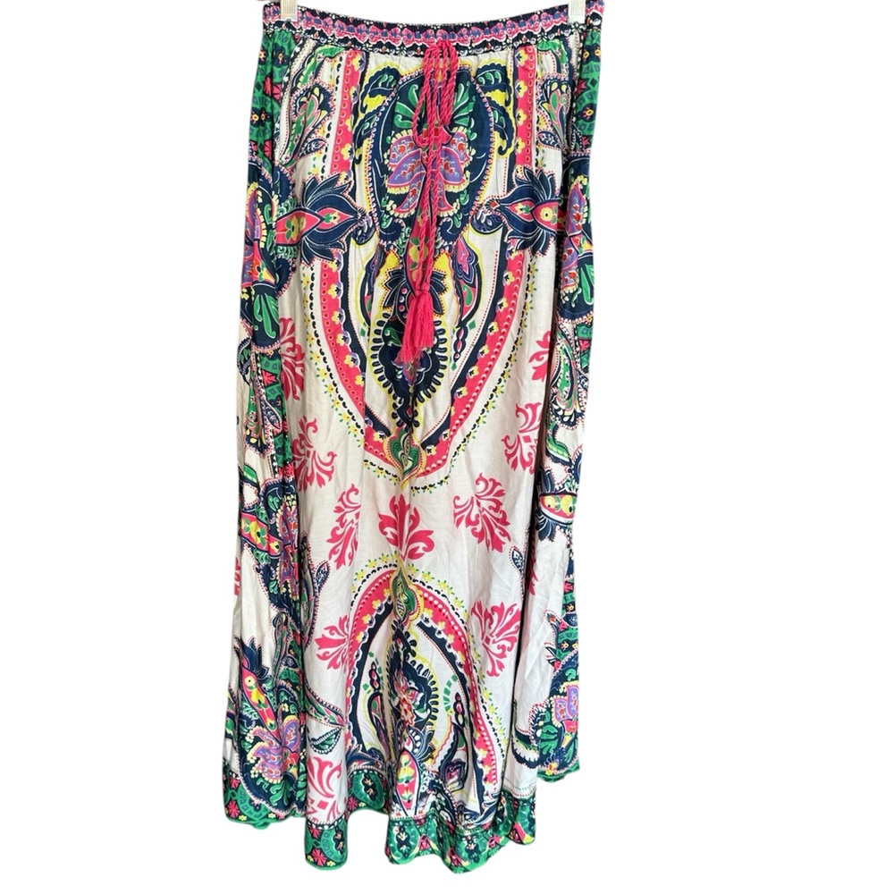 White and Pink Smocked A-line Midi Skirt